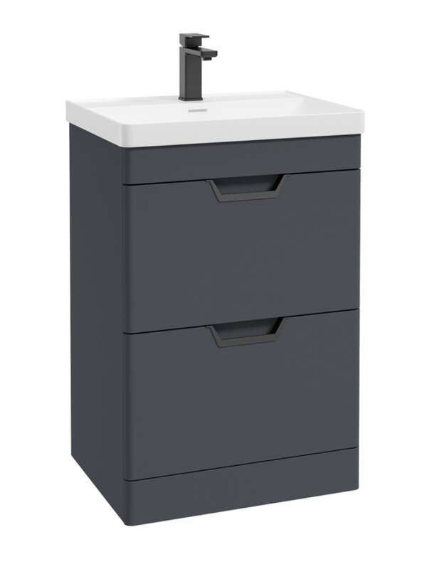 FREYA 60cm 2 Drawer Floor Standing Vanity Unit Matt Night Sky Blue-Matt Black Handle