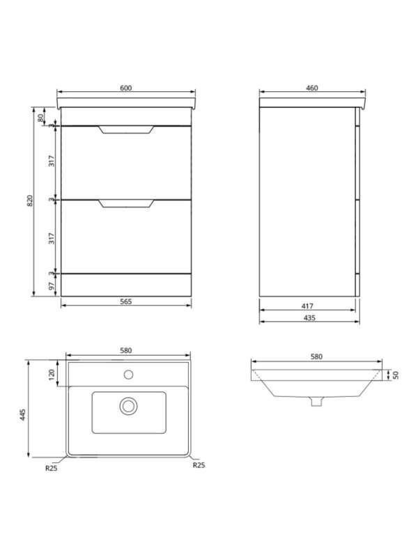 FREYA 60cm 2 Drawer Floor Standing Vanity Unit Matt Night Sky Blue-Matt Black Handle - Image 2